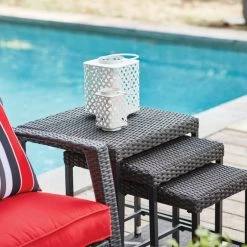 Ensemble de 3 tables gigognes carrées pour patio Allen + Roth en acier et en osier gris -ALLEN + ROTH Soldes Boutique 32018524c L