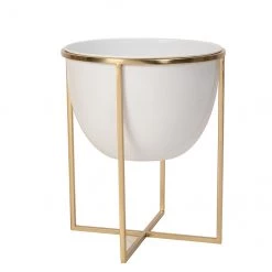 Pot à fleurs avec support Allen + Roth, 12,4 po x 15,2 po, blanc et or