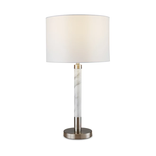 Lampe de table allen + roth, style marbre, 3 intensités, 25 po, métal/tissu, nickel brossé/blanc 2 Lampe de table allen + roth, style marbre, 3 intensités, 25 po, métal/tissu, nickel brossé/blanc – Image 2